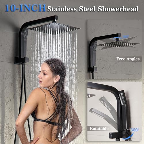 Image of Black Shower Head and Handle Set, Shower Faucet Set with 10 Inch Rain Shower Heads with Handheld Spray Combo, Rainfall Bathroom Shower System Rain Shower Head and Handle Set