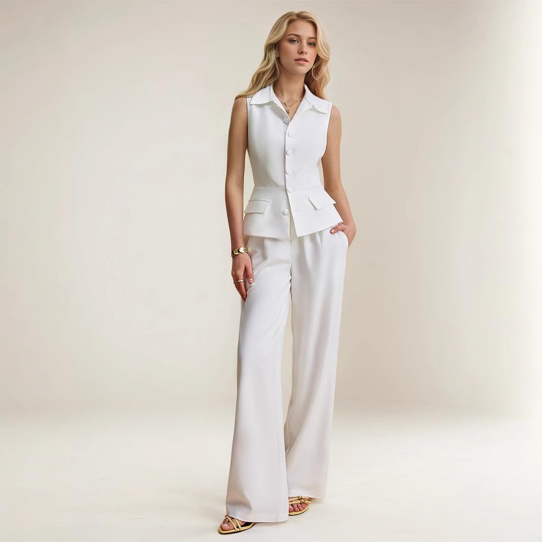 Conjunto Mujer Conjunto De Dos Piezas Blanco Para Mujer Chaleco Sin Mangas Con Cuello Y Botonadura Sencilla Y Pantalones De Pierna Ancha A Juego Ideal Para Ocasiones Formales Como La Oficina Bodas O