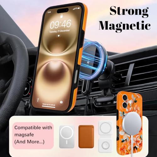 Image of Magnetic for iPhone 16 Case for Women Girl, Orange Floral | Stylish Flower Pattern Design [Compatible with MagSafe] [Full Camera Protection] 2-Layer Hybrid Shockproof Glossy Phone Case