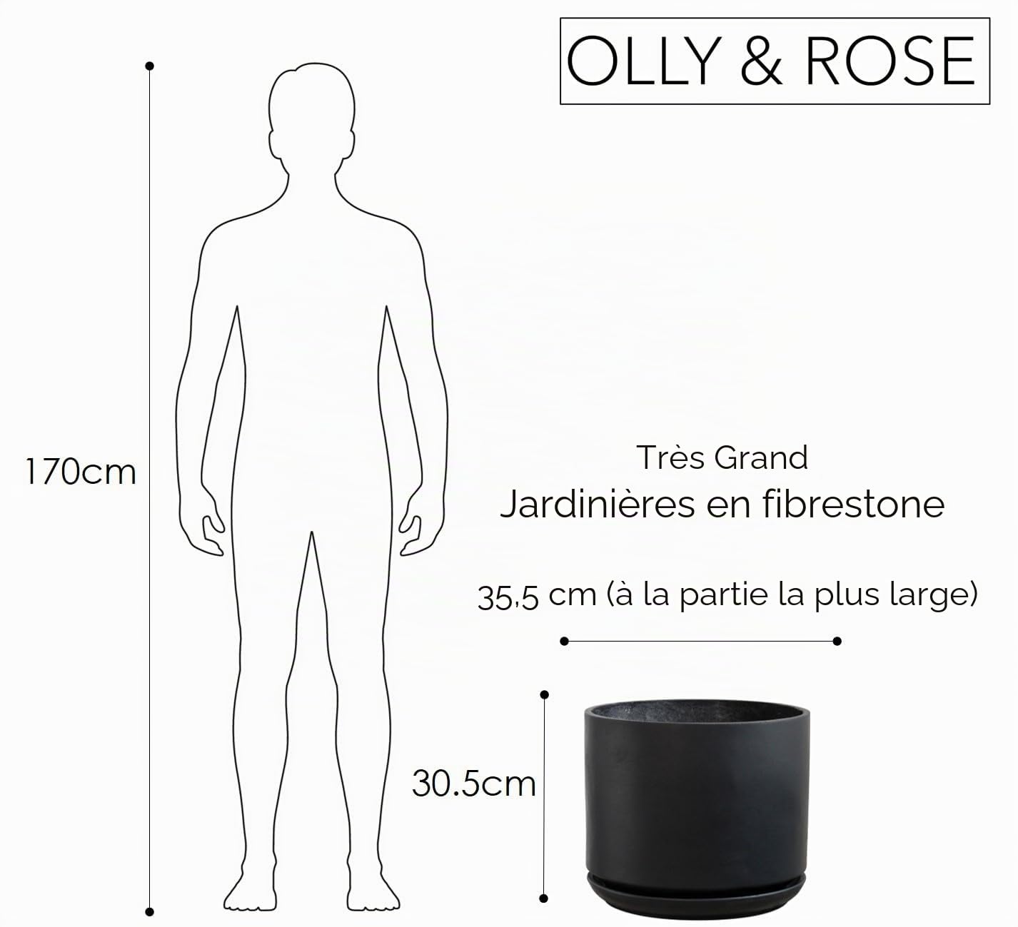 Olly & Rose Grand pot de fleurs noir mat avec soucoupe de 35,6 cm pour intérieur et extérieur