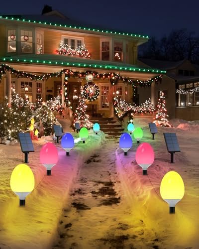 Solar Christmas Lights, Color Changing Solar Lights Outdoor Waterproof, Solar Christmas Path Lights for Tree Pathway Outside Garden Walkway Lawn Patio Yard Decoration 2 Lights in 1