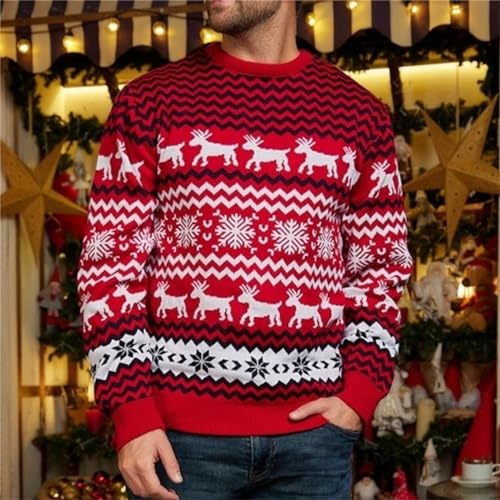 Mens Sweaters Vintage Round Neck Knitted Sweater Long Sleeve Ugly Christmas Pullover Warm Snowflakes Print Knitwear2
