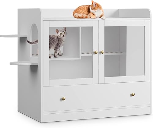 Lovinouse Caja de arena blanca XL de lujo para gatos, moderno condominio a prueba de perros con bandeja grande, adecuado para la mayoría de los gatos