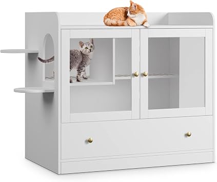 Luxury XL White Cat Litter Box Enclosure, Modern Dog-Proof Cat Condo with Large Tray, Suitable for Most Cats