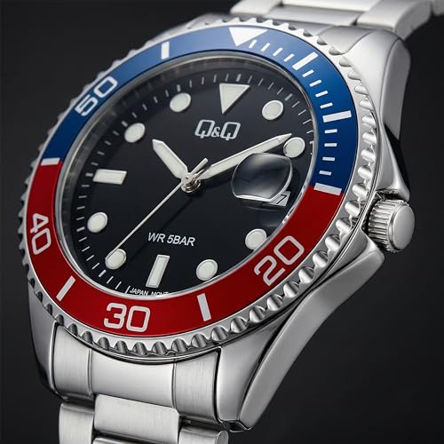 Image of Q&Q Analog Watch for Men | Black Dial with Date Display | Stainless Steel Silver Strap | Fixed Blue Red Bezel Design | 5 BAR Water Resistant | Quartz Men's Wrist Watch | A49A-001PY