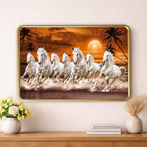 Image of XOPY Seven Running Horses with Golden Frame | Vastu 7 horses Raw Pyrite Painting for Home, Office & Living Room Wall Decore | 12X18 Inch Sparkle Laminated Frame | Best For Gifting (53320, 12X18)
