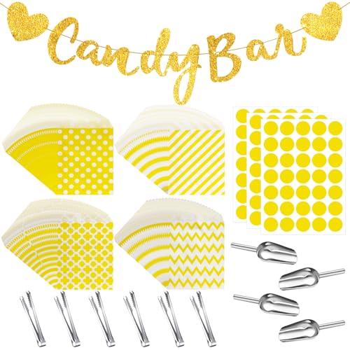 114PCS Accessoires Candy Bar Kits,Contient 100 Sacs en Papier Kraft Bonbons,3 Autocollants,6 Pinces à Glaçons Pinces à Sucre,4 Cuillères à Glace,1 Candy...