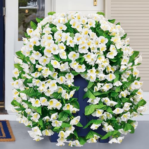 Image of Bassion 2 Pack Artificial Hanging Petunias Flowers for Outdoors, White | UV resistant, silk fake flowers, hanging morning glory trailing vines, porch garden spring summer planter decoration