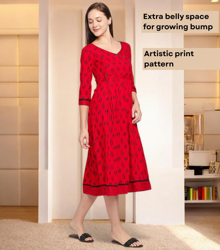 Image of DUMMY SHAPE Feeding Kurtis for Women Cotton Rayon | Printed Pregnancy Flare Kurta with Nursing Zippers to Pre & Post Partum | Maternity Dresses | Gifts for Pregnant Woman