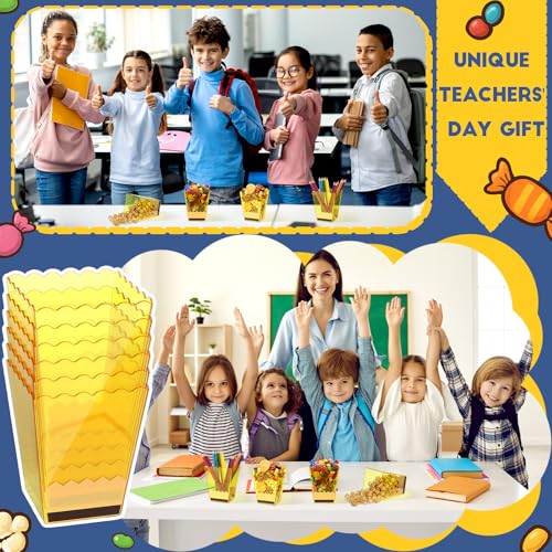 Image of Mimorou 6 Pcs Back to School Teacher Gift Box Container Notebook Pencil Composition Book Crayon Popcorn Candy Jar Containers Holders for First Day of School Party (Pencil Style)