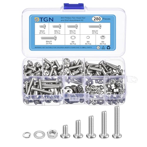 DTGN 280Pcs Machine Screws Assortment Kit, M4 Phillips Pan Head Nut and Bolt Assortment Kit