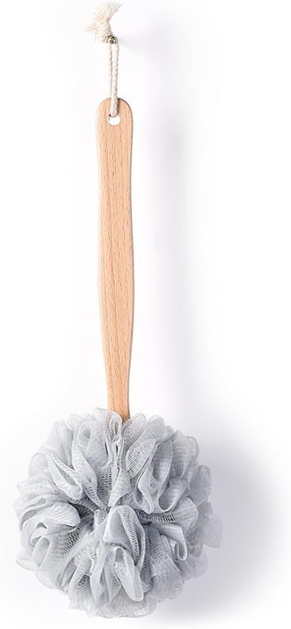 Bath Sponge & Brush Long Handled Loofah Back Scrubber Shower & Bath Exfoliating Pouf Scrubber on a Stick Body Back Brush with a Wood Handle Loofah Mesh for Men & Women By Krramel (GRAY)