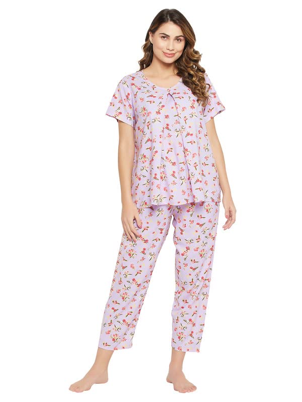 clovia Women's Rayon Pretty Florals Feeding Top & Pajamas Set In Pink-picture-42