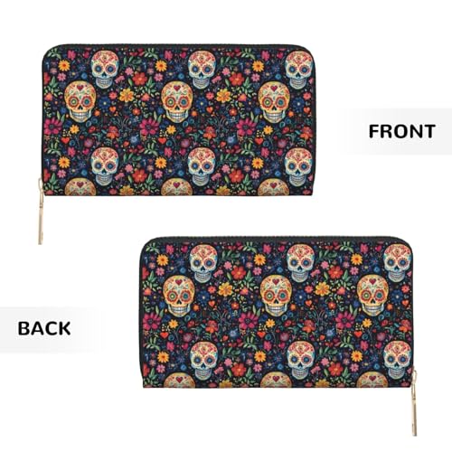 Floral Skull Print Wallet Women Men, Long PU Leather Wallets for Women, Cute Womens Travel Wallet Purse Pouch with Zipper Pocket2