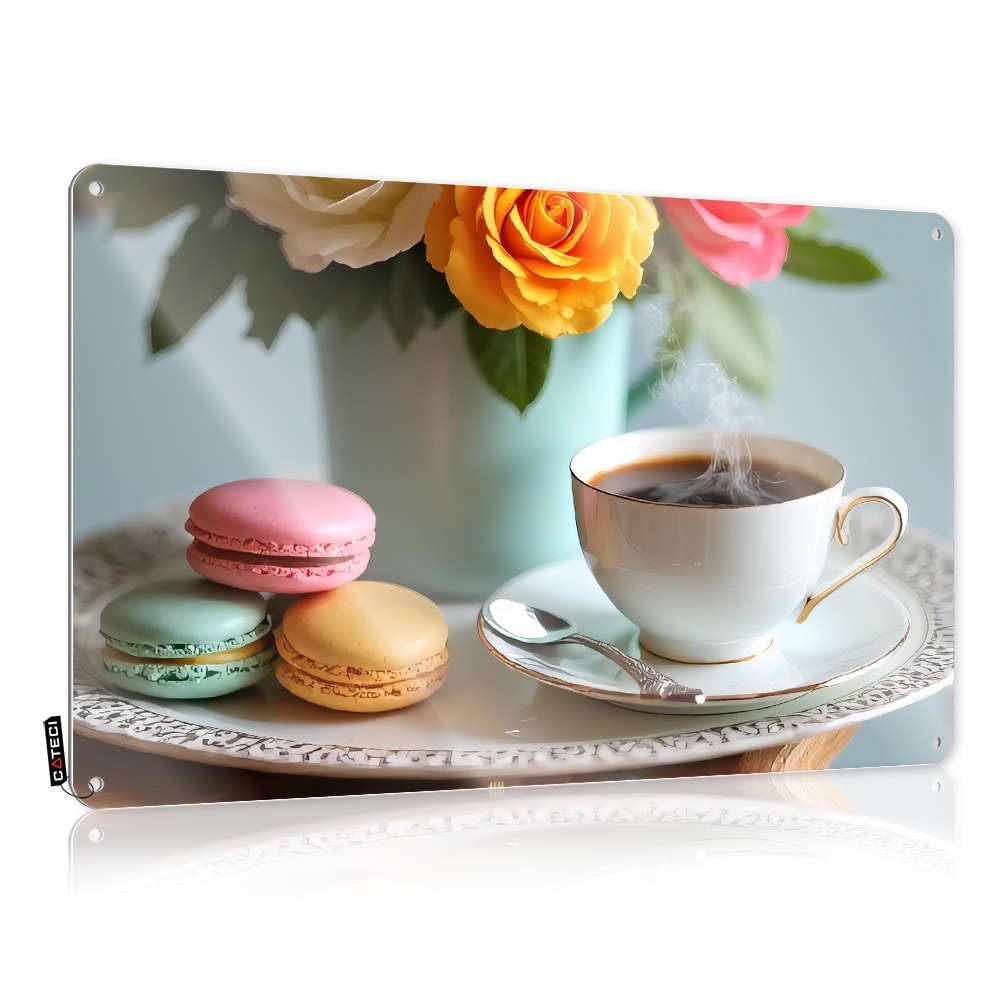 Decaor, Cool Wall Decor Funny Best Wall Decor, Premium Rustic Metal Tin Sign For Man Cave | Farmhouse Holiday Gift Custom A Cup Of Coffee With Macarons And Flowers(30X40CM)