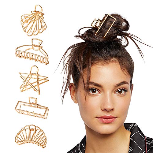 Metal Hair Clips 5 PACK, French Gold Hair Claw Clips, Hair Clips for Women or Girls, Easy Pulling Up Your Hair Suitable for Any Hairstyle Strong Hold Claw Clips to Clip Thick Hair (Moonlight Beach)