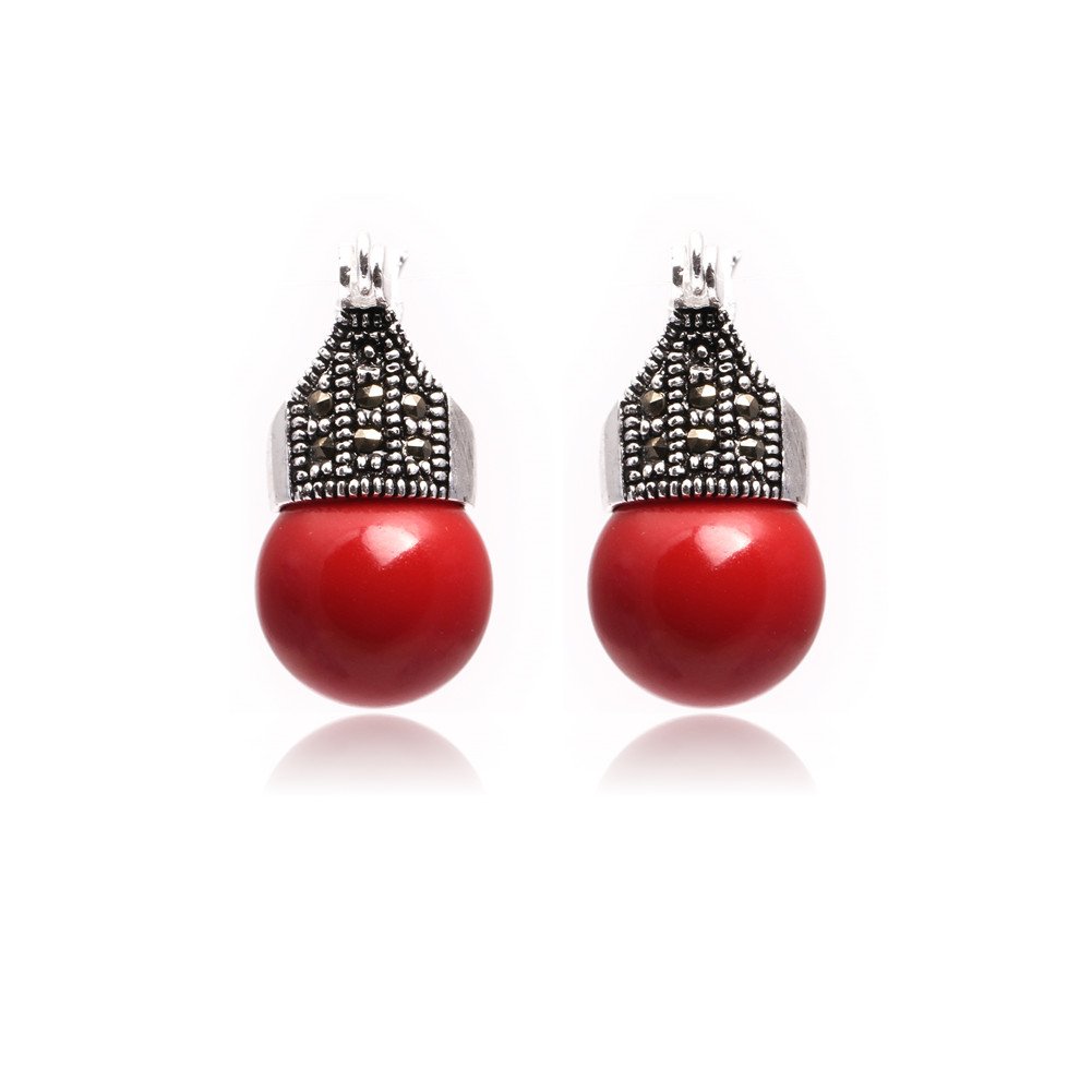Art Deco Coral Marcasite Stud Earrings GEM-Inside Earrings Red