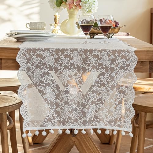 HEAVYWOOD White Lace Table Runner Embroidery Floral Lace Fabric Tablecloth Vintage Wedding Tea Party Table Cover Decor (Floral, 65'')