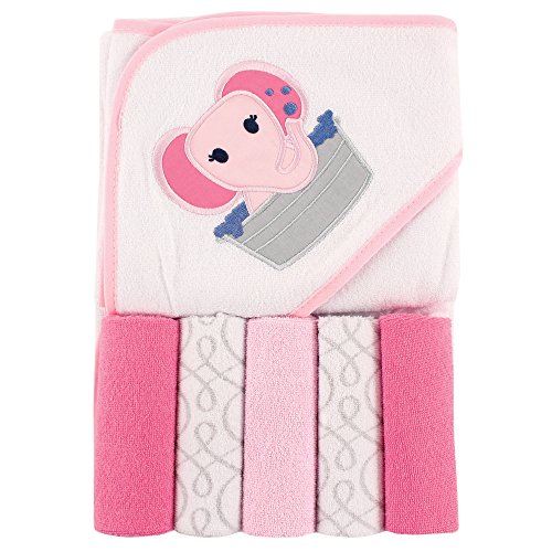 Luvable Friends Unisex Baby Hooded Towel with Five Washcloths, Pink Elephant, One Size