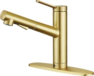 CREA Low Profile Kitchen Faucet with Pull Out Sprayer,Bar Sink Faucet Single Hole Handle,Prep Wet Bar Laundry Utility Short Small Modern Outdoor RV Gold