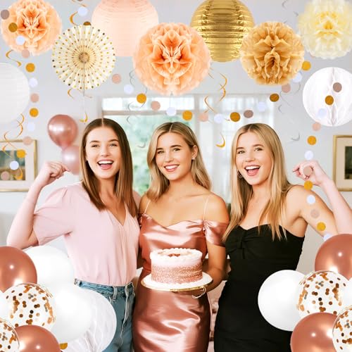 Gold Happy Birthday Party Decorations - Circle Dots Garland, Happy Birthday Banner, Paper Lantern, Hanging Swirl Streamers, Fan, Paper Poms, Honeycom Ball and Balloons, Photo Background Decor — view 6
