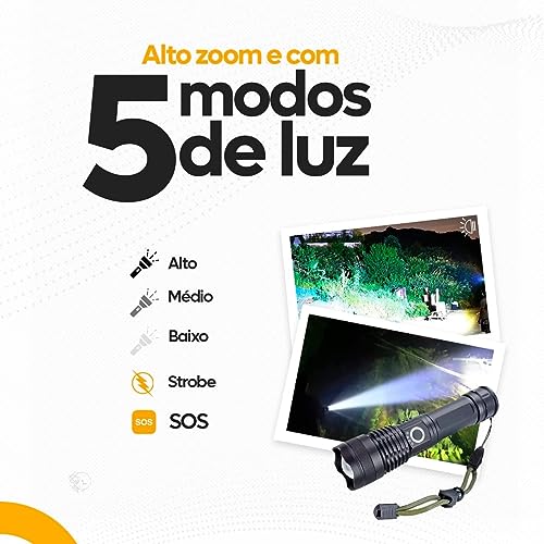 Lanterna Tática T9 Militar Super Potente Led Recarregável USB com Zoom Longo Alcance para Trilhas Si