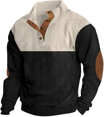Shirts Men Color Block Corduroy Sweatshirt Fall Winter Long Sleeve Button Neck Pullovers Warm Mens Shirt Tops