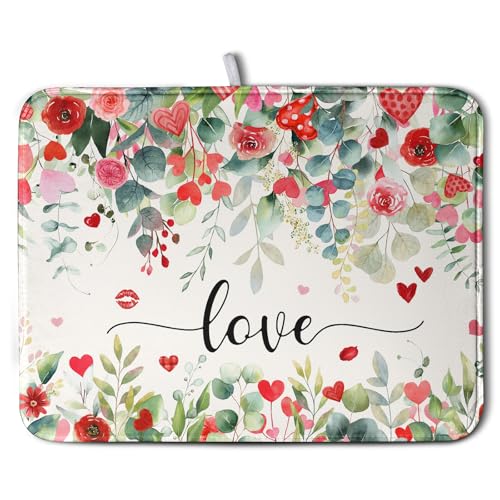 Wnoesat Valentines Day Love Heart Rose Eucalyptus Leaves Dish Drying Mat for Kitchen Counter 18x24 Inch Spring Valentine Microfiber Absorbent Dish Drainer Mats Reversible Drying Pad