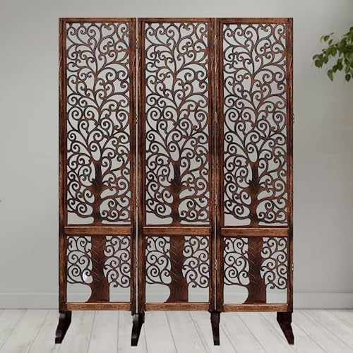 Image of Wooden Room Partition /Screen /Room Divider /Room Separator Traditional Handicrafts 6Ft (Dark Brown) (Tree 3 Panel with Stands)