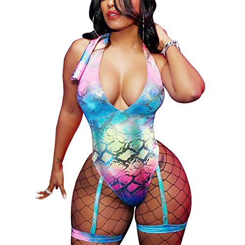 Women Rave Sexy Snakeskin Print Swimsuit Deep-V Monokini Bathing Suit for Dance