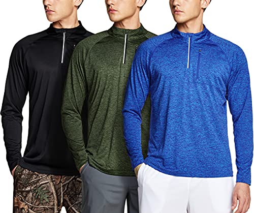 Athlio Men's 3-Pack Long Sleeve Athletic Shirts - 1/4 Zip, Quick Dry, Uv Sun Protection, Medium, Black/Olive/Spacedye Blue #TOP1