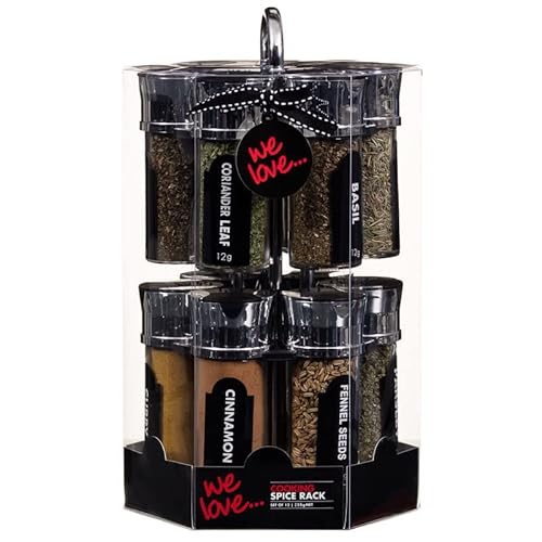 HOMELOX 12pk Cooking Spices and Herbs Rack 12 Set Spice Jar Standing Rack with Chrome Turn able Revolving Stand Kitchenware Essentials 12 Herbs and Spices Included