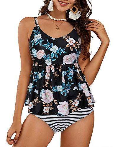 Tutorutor Womens High Waisted Peplum Tankini Swimsuits Retro Ruffle Floral Print Tops Tummy Control 2 Piece Bikini Set