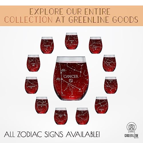 Greenline Goods Cancer Stemless Wine Glass Etched Zodiac Cancer Gift 15 Oz (Single Glass) - Astrology Sign Constellation Tumbler #TOP5