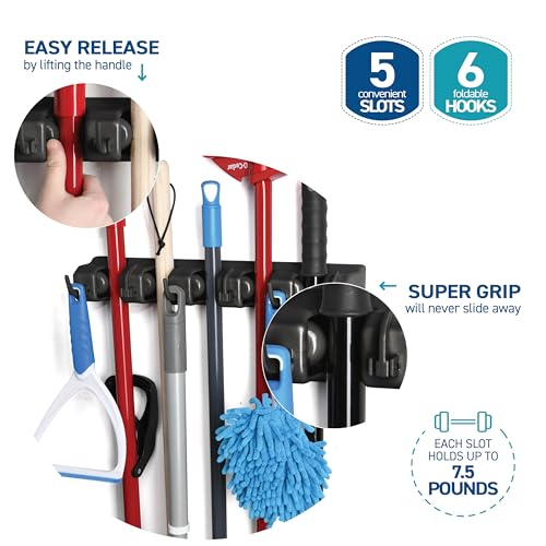 2 Pack Mop and Broom Holder Wall Mount - Garage Storage Organizer with 5 Slots, 6 Hooks, 7.5lbs Capacity Per Slot - Home, Kitchen, Closet, Laundry Room Organization – Black Broom Hanger