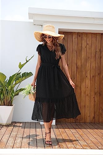 Image of VintageClothing Womens Sundress Casual Floral Summer Boho Dress | Flowy Wrap V Neck Ruffle A-Line Pleated Hem Midi Dresses