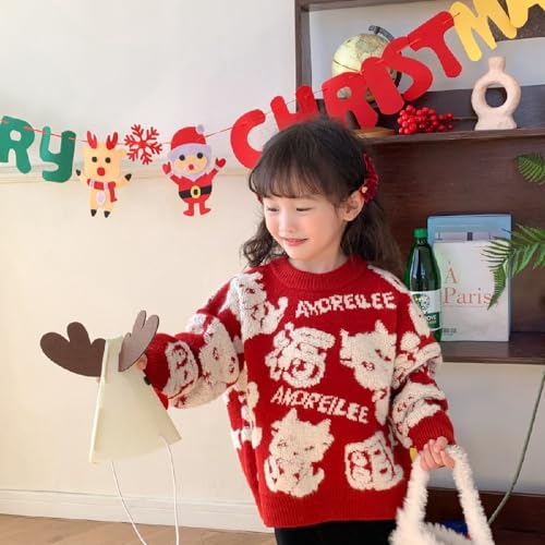 Quenny Chinese style girl's sweater Christmas pullover children's knitted sweater cartoon red casual top thickened for warmth3