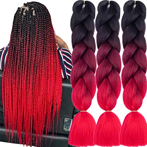 Tengshuo Fly 3 Packs 24 Inch Braiding Hair Ombre Jumbo Braiding Hair For Women Extensions 24 Inch Kanekalon Heat Resistance Synthetic Hair For Braiding（24 Inch,Black To Deep Red To Red) #TOP29