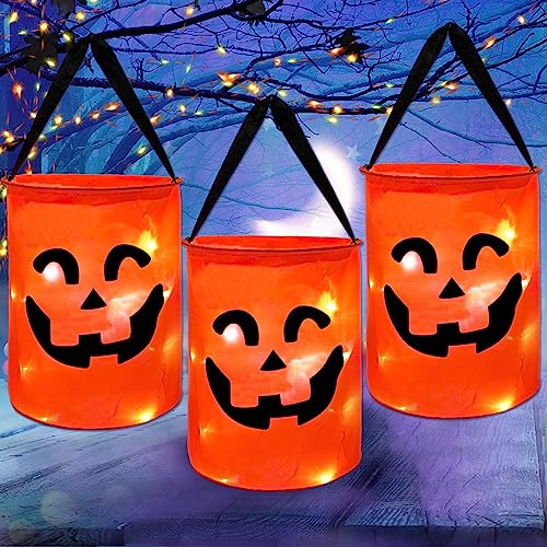 CCINEE 3 Pcs LED Light Halloween Candy Bags for Kids Light Up Multipurpose Halloween Trick or Treat Bucket with Pumpkin Smile Face for Halloween Party Favors Goodie Bags,Orange
