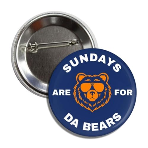 Football Fan Button Pin, Sundays Are For Da Bears, 2.25 Inch, Navy Blue and Orange Badge