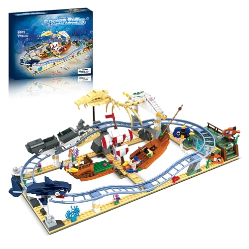 Nayihoop Roller Coaster Building Set Marine Adventure Park Compatible with Lego Rollercoaster Ocean Sea Animal with Dinosaur Skeleton, Whale, Sinking Pirate Ship, Shark for Adults Boys Girls 14+