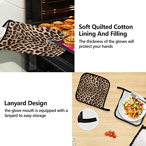 Alaza Leopard Print Cheetah Pattern Waterproof Apron W/Pockets Oven Mitts Set Pot Holders Kitchen Linen Sets #TOP3