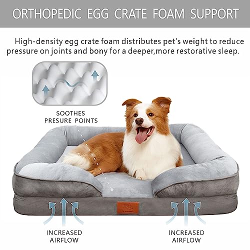 Zevinjiaz Orthopedic Foam Dog Beds For Large Dogs Waterproof Lining Dog Couch Bed With Removable Washable Cover And Anti-Slip Bottom High-Density Egg Crate Four-Side Bolster Pet Sofa Bed,35"X25",Grey #TOP2