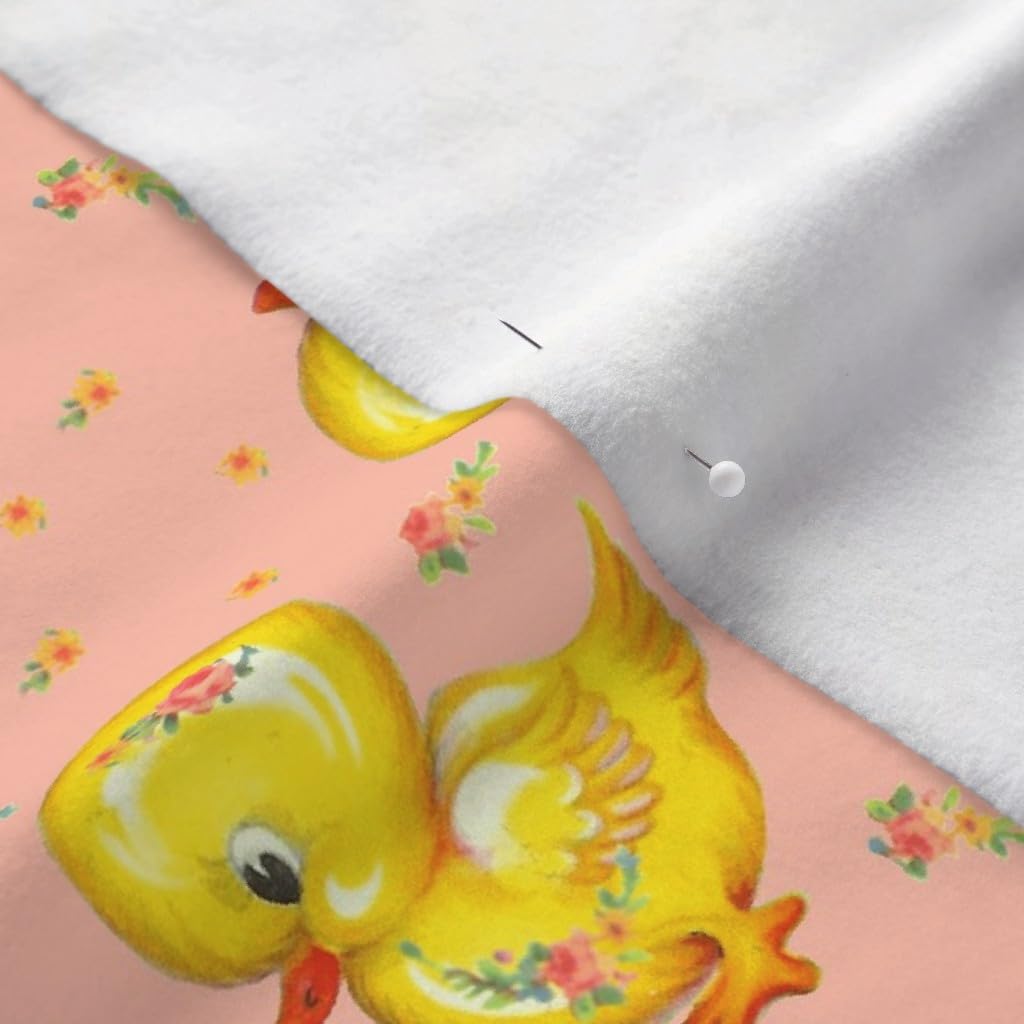 Spoonflower Fabric - Rubber Floral Pink Yellow Vintage Kitsch Nursery Animal Girl Duck Printed on Polartec(R) Fleece Fabric by The Yard - Sewing Blankets Loungewear and No-Sew Projects