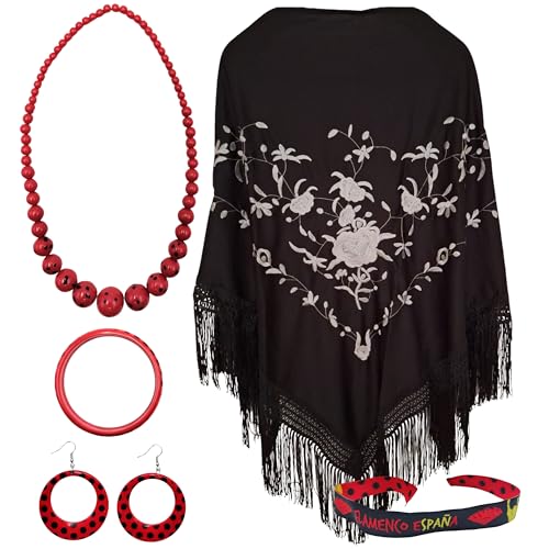 Planta Color Pack Mantón y Accesorios: Mantón de Manila Bordado con Accesorios Estilo Flamenco y Pulsera Bordada. Para Fiestas Populares y Eventos (Negro Plata)