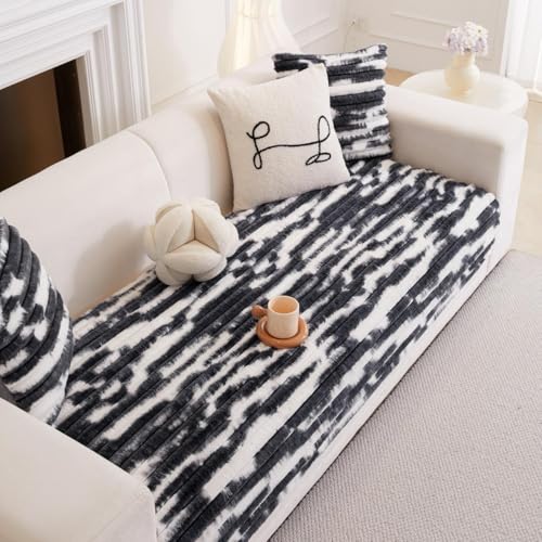 Image of HOMETHREADS 600GSM Thick & Soft Rabbit Fur Plush Sofa Cover-Luxurious Cozy Slipcover, Washable & Pet-Friendly, Anti-Scratch Protector for Sofas (Faux Linning White Black, 3 Seater | 180x70cm)