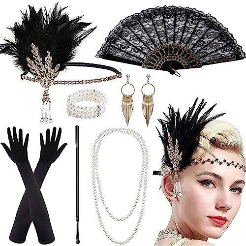 7 PCS 20er Jahre Accessoires Damen, 20er Jahre Kostüm Damen, 20er Jahre Kleid Zubehör, Karneval Great Gatsby Outfit Accessoires, Kopfschmuck, Handschuhe, Perlenkette, Armband, Ohrringen, FaltfäCher