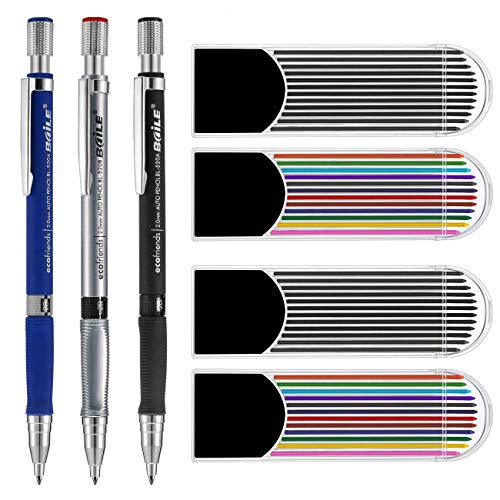 Weforu 2.0 mm Mechanical Pencil Set with 3 Pieces Pencils, 4 Cases Lead Refills (2 Color 2 Black) for Writing, Drawing, Crafting, Art Sketching, Carpenter