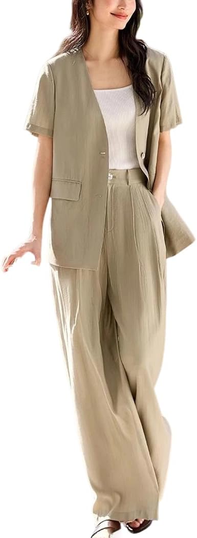 Womens Two Piece Blazer and Pant Suit V Neck Summer Matching Workwear Outfit for Office Business
