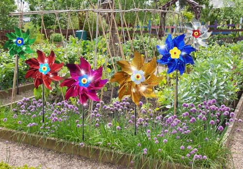 HADEEONG Sparkly Reflective Pinwheels with Stakes, Colorful Wind Spinners Outdoor Bird Scare Devices, Foil Pin Wheel Holographic Whirl Windmill for Yard Garden Decor Garden Wind Spinner 6 Packs